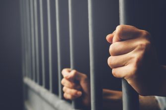 Close-up of hands gripping the bars of a prison cell.