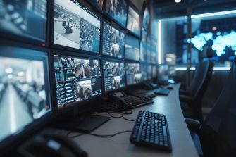A row of computer monitors in a security surveillance control room displaying various camera feeds.
