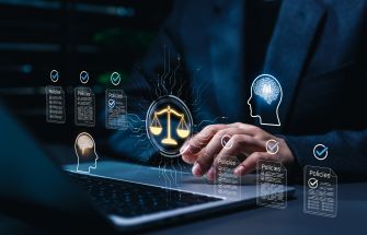 Person in a suit typing on a laptop with holographic legal and AI icons, including scales of justice and a brain, illustrating AI and attorney‑client privilege.