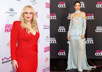 Side-by-side image of two women on a red carpet: left, a blonde in a bright red dress; right, a woman in a pale blue, floor-length gown with sheer overlay.