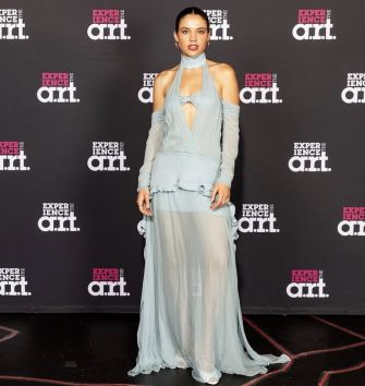A woman on a black carpet in front of an event backdrop wearing a pale blue, sheer, floor-length gown with cutouts.