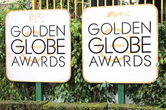 Two outdoor signboards displaying the Golden Globe Awards logo with NBC branding.