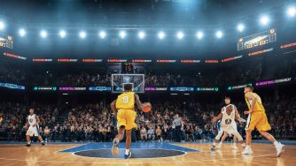 Basketball players in yellow and white uniforms compete on a packed indoor court as a yellow-clad player dribbles toward the basket with defenders closing in.