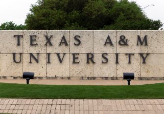 Stone wall sign reading Texas A&M University with a grassy lawn and trees in the background.