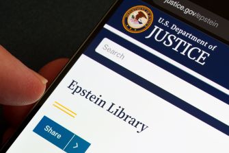 Smartphone screen displaying the U.S. Department of Justice Epstein Library page.