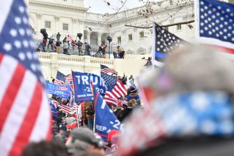 Crowd of protesters outside the U.S. Capitol waving American flags and political banners, with the Capitol’s steps and facade visible in the background.