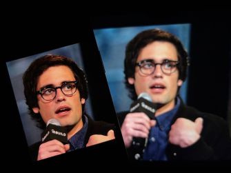 Nick Reiner, wearing glasses and a dark jacket, speaks into a microphone in two side-by-side photos from a public appearance.
