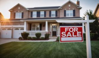 Suburban house with a red and white "For Sale" sign in the front yard.