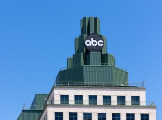 The ABC logo sits atop a green, tiered Art Deco–style building against a clear blue sky.