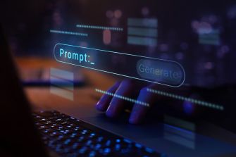 Hands typing on a laptop beneath a glowing AI prompt interface that displays “Prompt:” and “Generate.”