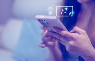 Person using a smartphone with floating AI icons (music note, robot, AI) to symbolize AI-generated music and labeling on streaming platforms.
