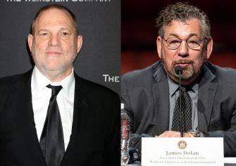 Harvey Weinstein and James Dolan appear in a split-screen portrait.