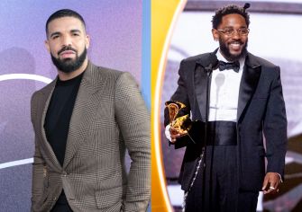 Drake stands in a checked blazer beside Kendrick Lamar, who holds a Grammy award while wearing a tuxedo.