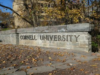 Cornell University sign on a stone wall with autumn leaves and campus buildings in the background.