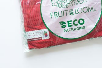 Packaged Fruit of the Loom underwear featuring red garments and an “Eco Packaging” label.