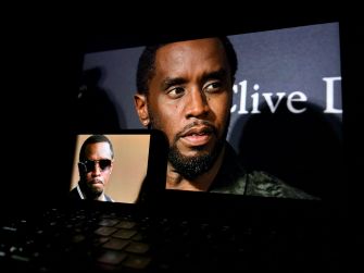 Sean “Diddy” Combs appears on a laptop screen, with a smaller inset image of him wearing sunglasses.