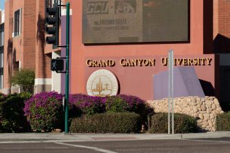 Grand Canyon University campus sign and entrance plaza in Phoenix, Arizona.