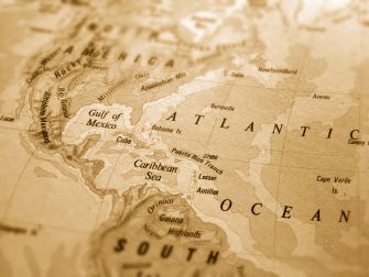 Vintage map showing the Atlantic Ocean between North America, South America, and Europe, with the Gulf of Mexico and Caribbean Sea labeled.