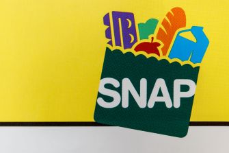 Illustrated grocery bag labeled “SNAP” filled with food items against a yellow background.