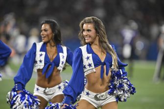 Two Dallas Cowboys Cheerleaders in blue-and-white uniforms hold pom-poms on a football field, with one smiling in the foreground.