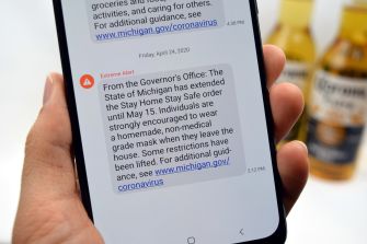 Text message alert about the extension of Michigan's Stay Home Stay Safe order due to COVID-19.