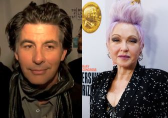 Collage showing a man with dark hair and scarf on the left and a woman with lavender-pink hair wearing a black, star-patterned outfit on the right.