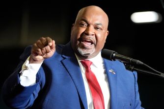 Mark Robinson, North Carolina's Republican gubernatorial candidate, speaking passionately at an event.