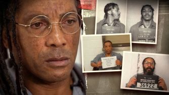 Image of Kevin Strickland, a man who was recently exonerated after serving 43 years for a crime he did not commit, alongside historical mugshots from his time in prison.