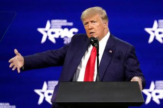 Former President Donald Trump speaking at the Conservative Political Action Conference (CPAC) 2022, expressing his views on the Republican Party and criticizing the Biden administration.
