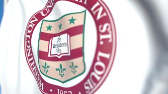 Seal of Washington University in St. Louis on a flag.