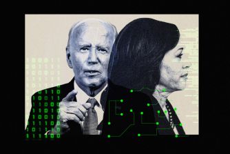 Abstract digital collage featuring two prominent political figures against a backdrop of binary code and digital elements, symbolizing the intersection of technology and political discourse.