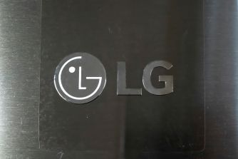 LG logo on a refrigerator door.