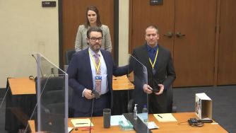 Courtroom scene from the trial of Derek Chauvin, with lawyers and a witness present.