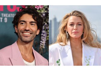 Two side-by-side photos: on the left a man with dark hair and stubble wearing a pink blazer, on the right a blonde woman in a white blazer, both at an event.