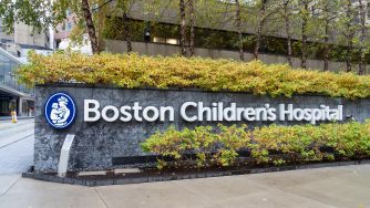 Signage of Boston Children's Hospital, featuring its name and logo.