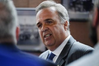 A man speaks during an event regarding legislation related to childhood sexual abuse claims in Pennsylvania.
