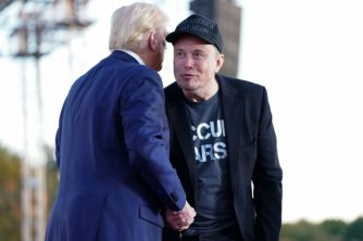 Elon Musk and Donald Trump shake hands on stage during an event.