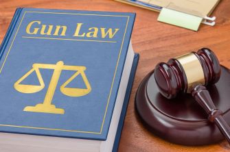 A book titled "Gun Law" with a gavel resting beside it on a wooden surface.