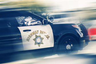 A California Highway Patrol vehicle in motion.