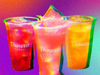 Cups of Panera Bread's charged lemonade, depicting vibrant colors and condensation.