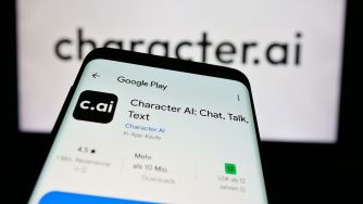 Screenshot of the Character.AI app interface on a smartphone, with the logo prominently displayed in the background.