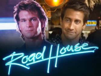 A promotional image for the film "Road House," featuring actors from the original and upcoming remake alongside the film's title in neon lettering.