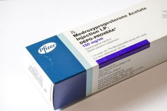 Box of Depo-Provera, a contraceptive injection containing medroxyprogesterone acetate, manufactured by Pfizer.