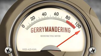 Gerrymandering redistricting meter indicating a high level of manipulation in congressional districting.