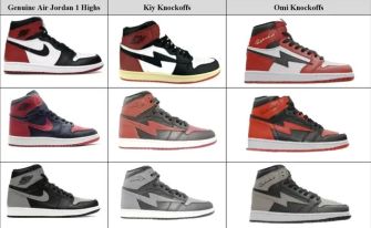 Comparison of genuine Air Jordan 1 High sneakers and various knockoff designs, including products from Kool Kiy and Omi in a Hellcat.