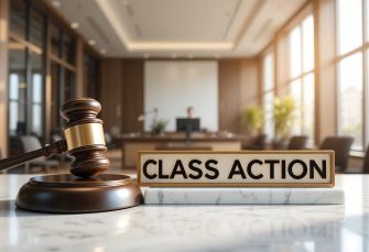 A gavel and a sign reading "CLASS ACTION" are displayed on a table in a modern courtroom setting.