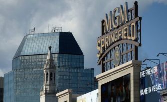 MGM Springfield sign in front of the casino and hotel building in downtown Springfield, Massachusetts.