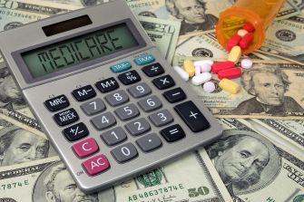 A calculator displaying "MEDICARE" on its screen, surrounded by U.S. currency and various prescription pills on a table.