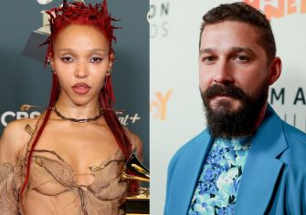 Split image: left shows a woman with bright red hair and a sheer, distressed outfit; right shows a man with a full beard wearing a blue blazer and floral shirt.