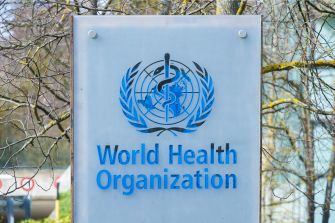 Signage of the World Health Organization (WHO).